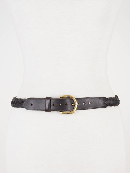 Black Woven Braided Leather Belt with Brass Buckle | Size S-M 29"-32"