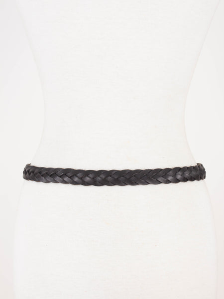 Black Woven Braided Leather Belt with Brass Buckle | Size S-M 29"-32"