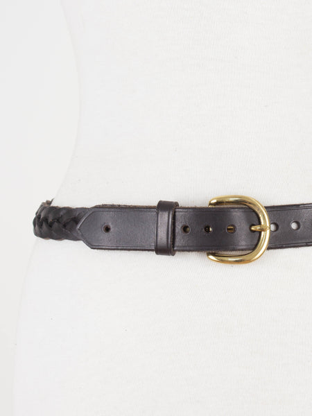 Black Woven Braided Leather Belt with Brass Buckle | Size S-M 29"-32"