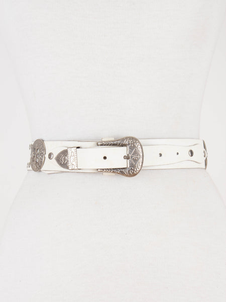 White Leather Western Belt with Silver Buckle & Concho Hardware | Size XS-S 25"-29"