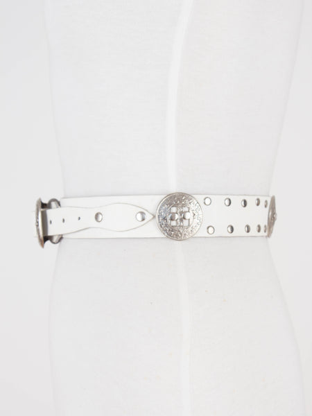 White Leather Western Belt with Silver Buckle & Concho Hardware | Size XS-S 25"-29"