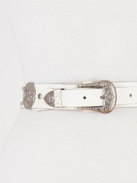 White Leather Western Belt with Silver Buckle & Concho Hardware | Size XS-S 25"-29"