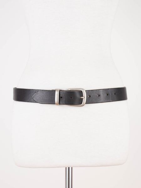 90s Chunky Black Leather Belt with Matte Silver Buckle | Unisex | Size L 31"-35"