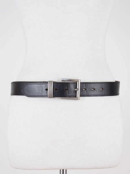 90s Chunky Black Leather Belt with Square Silver Buckle | Unisex | Size M-L 30"-35"