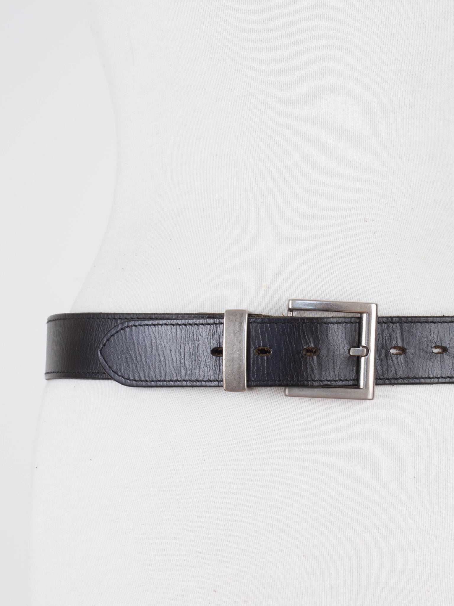 90s Chunky Black Leather Belt with Square Silver Buckle | Unisex | Size M-L 30"-35"