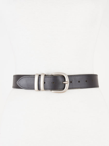 90s Chunky Black Leather Belt with Matte Silver Buckle | Size XS-S 25"-29"