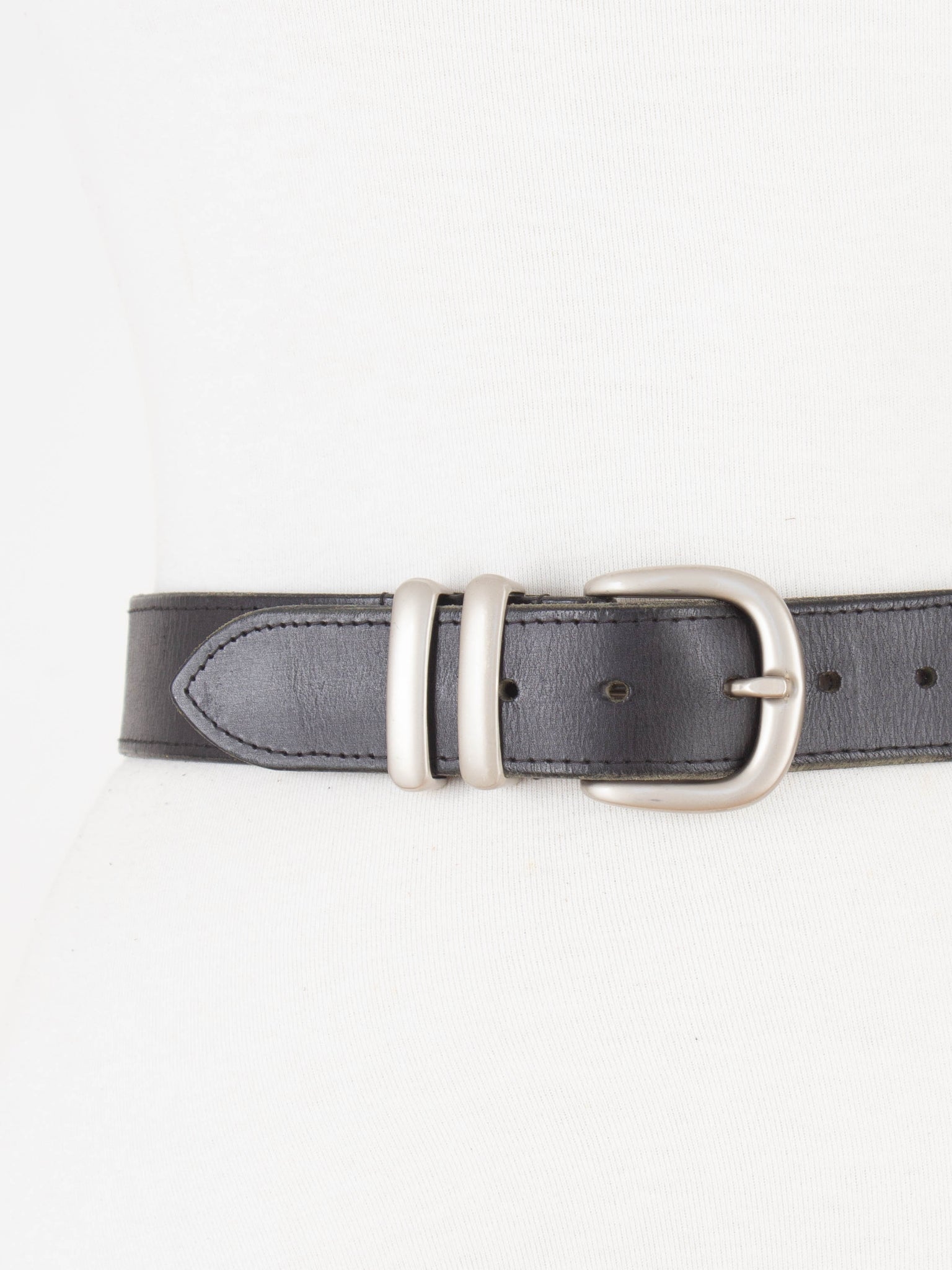 90s Chunky Black Leather Belt with Matte Silver Buckle | Size XS-S 25"-29"