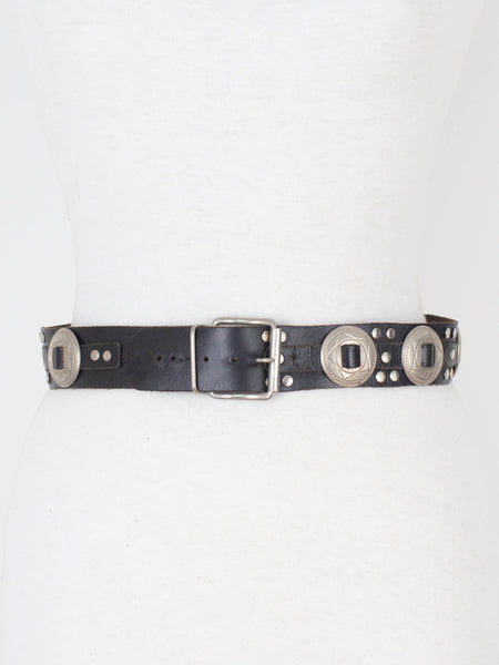 Black Leather Western Belt with Silver Buckle & Concho Hardware | Size M 28"-30"