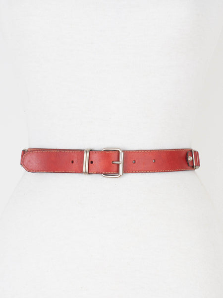 80s Red Leather Belt with Silver Buckle & Hardware - Size 24"-27" / XS-S