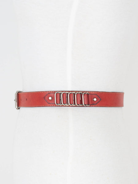 80s Red Leather Belt with Silver Buckle & Hardware - Size 24"-27" / XS-S