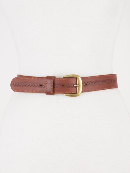 90s Brown Leather Belt with Brass Buckle | Size S-M 26"-30"