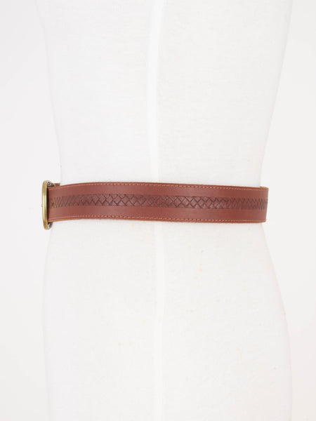 90s Brown Leather Belt with Brass Buckle | Size S-M 26"-30"