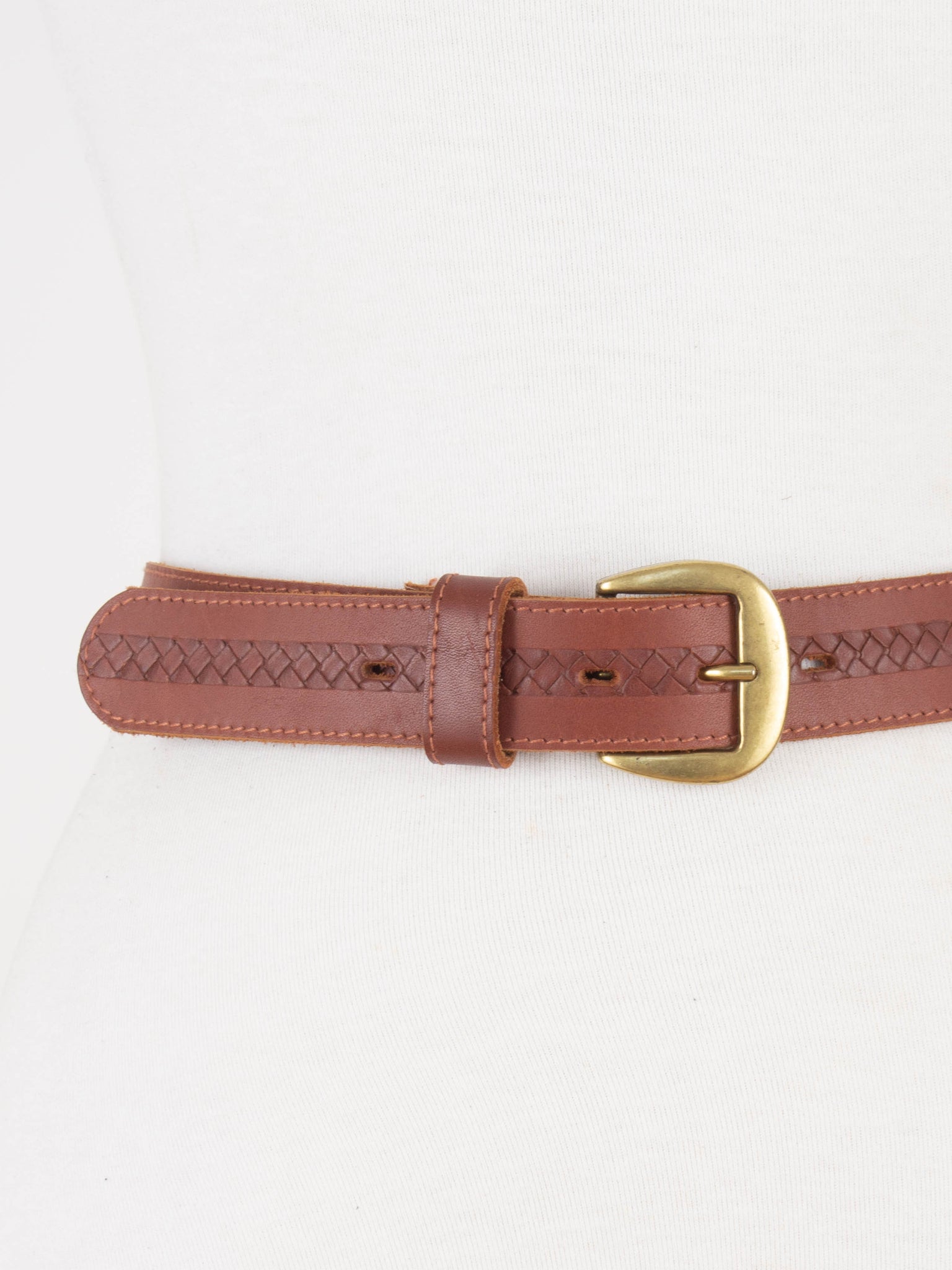 90s Brown Leather Belt with Brass Buckle | Size S-M 26"-30"