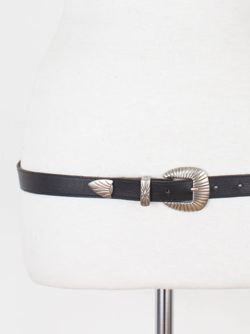 Thin Black Leather Western Belt with Silver Buckle | Size M-L 34"-37"