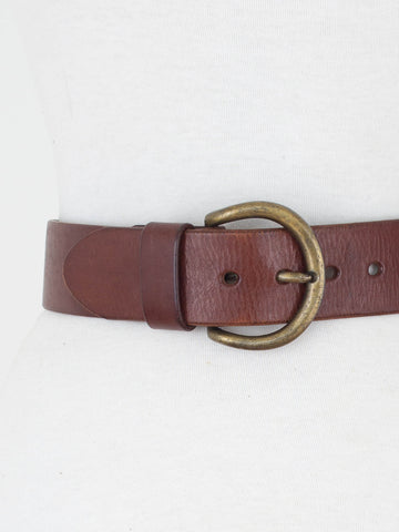 Brown Wide Leather Belt with Brass Buckle - Size 25"-30" / XS-M
