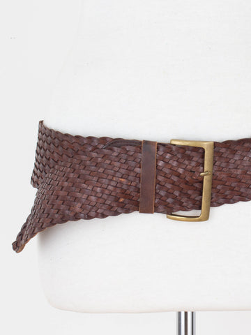 Y2K Wide Brown Woven Leather Belt with Brass Buckle | Size Fits S-L