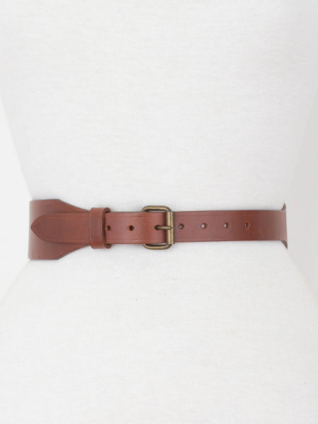 Brown Wide Leather Belt with Brass Buckle - Size 23"-27" / XXS-S