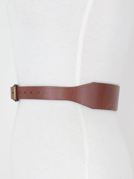 Brown Wide Leather Belt with Brass Buckle - Size 23"-27" / XXS-S