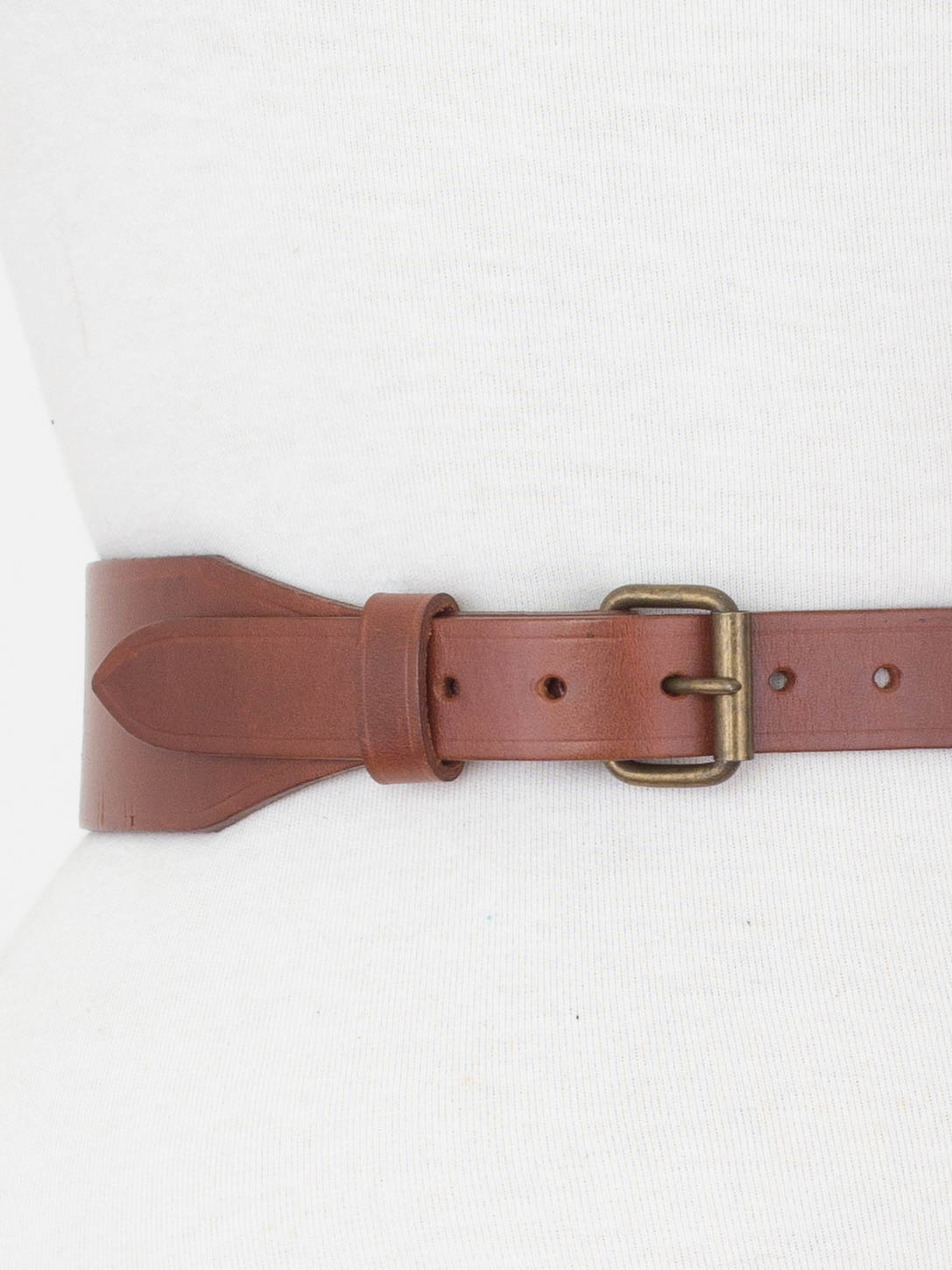 Brown Wide Leather Belt with Brass Buckle - Size 23"-27" / XXS-S