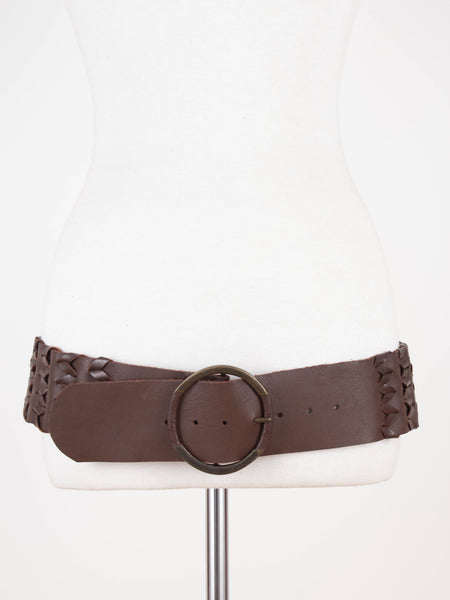 Y2K Low Waist Wide Brown Woven Leather Belt with Brass Buckle | Size Fits M-L