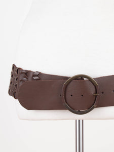 Y2K Low Waist Wide Brown Woven Leather Belt with Brass Buckle | Size Fits M-L