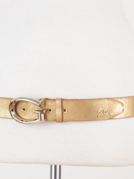 Y2K Low Waist Gold Metallic GUESS Leather Belt | Size Fits M-L