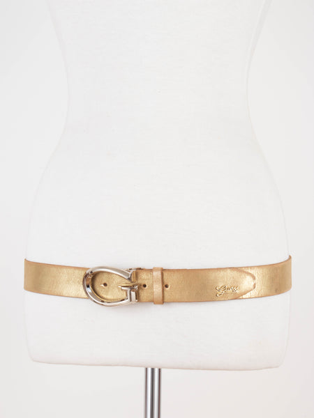 Y2K Low Waist Gold Metallic GUESS Leather Belt | Size Fits M-L