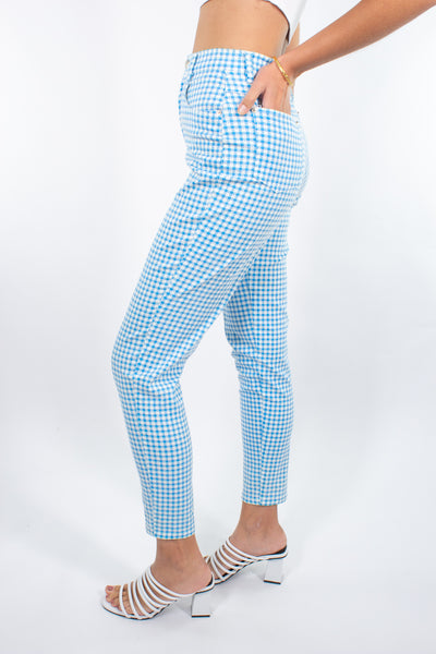 Blue & White Gingham Check Stretch Pant - Size S / 26"