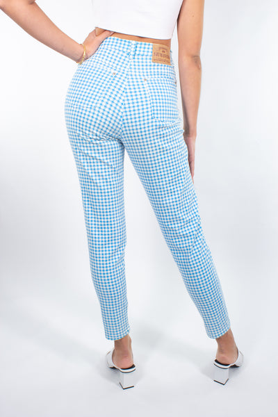 Blue & White Gingham Check Stretch Pant - Size S / 26"