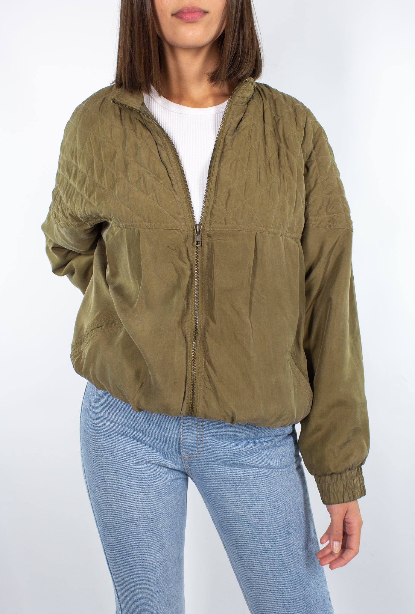 Green silk hotsell bomber jacket